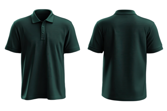 Dark teal polo shirt, front and back views, mock-up