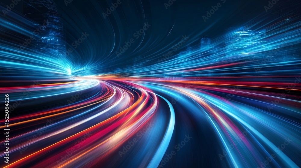Poster blurred motion effect of a highway with streaks of car lights, conveying high-speed movement against