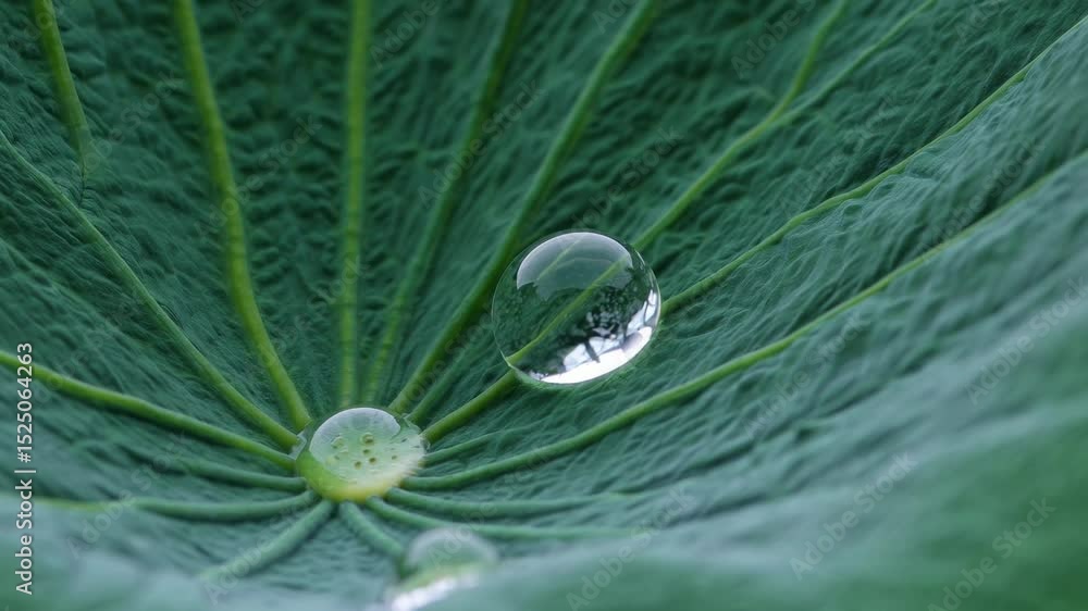 Poster close-up of a water droplet resting on a green leaf with intricate details on a sunny day in nature
