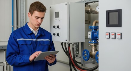 Technician Using Tablet Inspecting Industrial Control Panel and Piping System