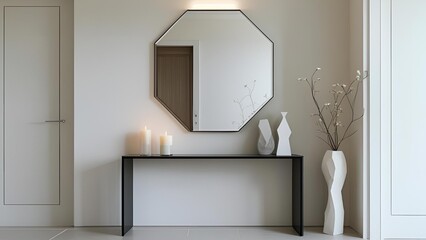 Minimalist hallway with a sleek console table, geometric mirror, and subtle decorative accents like candles and abstract vases. Pale walls create a clean, airy look.