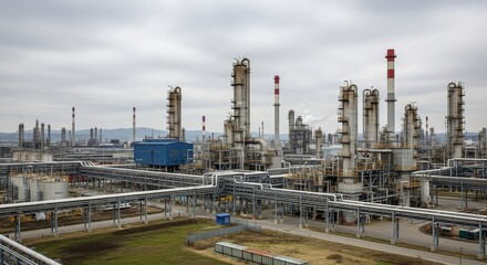 Obraz premium Industrial Refinery Complex Oil and Gas Processing Plant Aerial View
