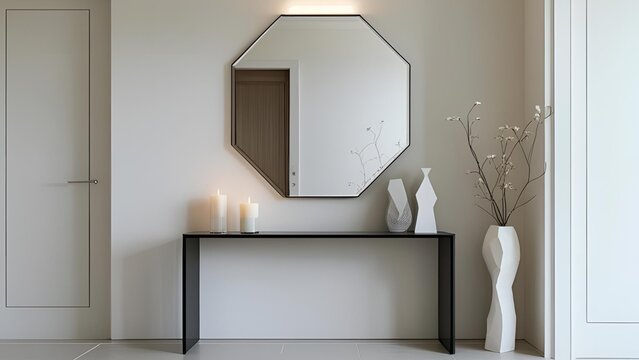 Minimalist hallway with a sleek console table, geometric mirror, and subtle decorative accents like candles and abstract vases. Pale walls create a clean, airy look.