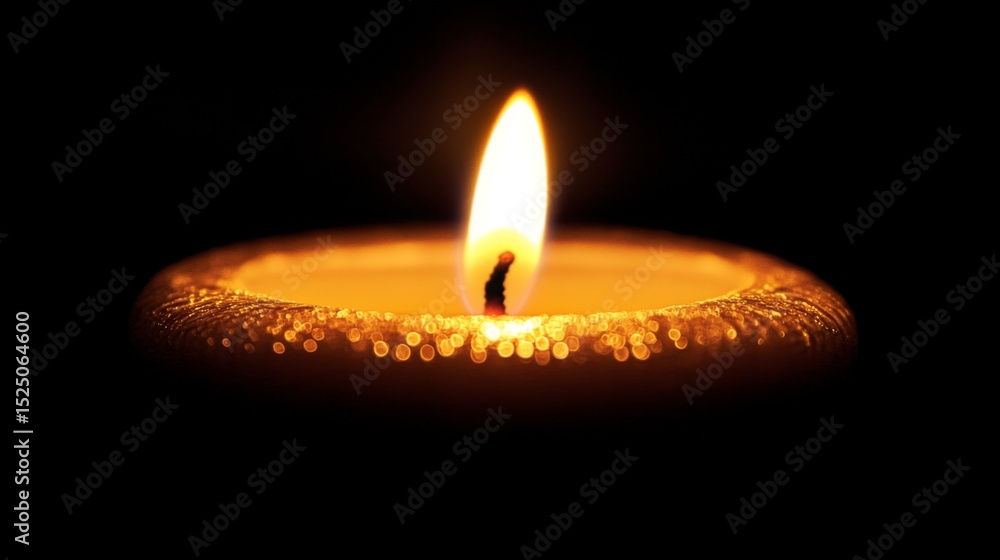 Poster close-up of a flickering candle flame in a dark room, casting soft shadows and creating a cozy ambia