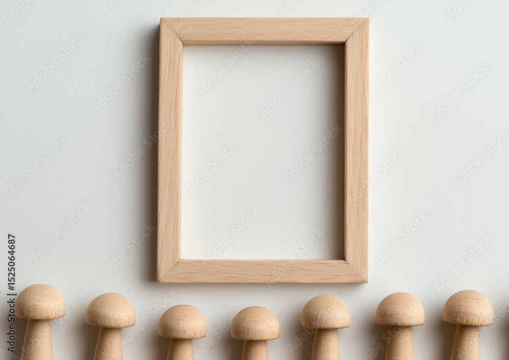 Poster minimalist wooden frame on a wall with a row of wooden mushrooms below, creating a simple and natura