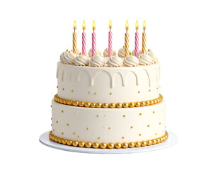 Delicious birthday cake with candles and decorations.