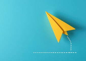 A yellow paper airplane changes direction on a bright blue background, symbolizing creativity and new beginnings.