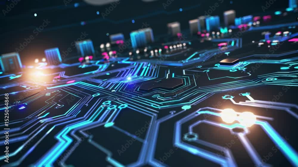 Poster exploring the intricate details of modern circuit board technology with vibrant blue and neon highli