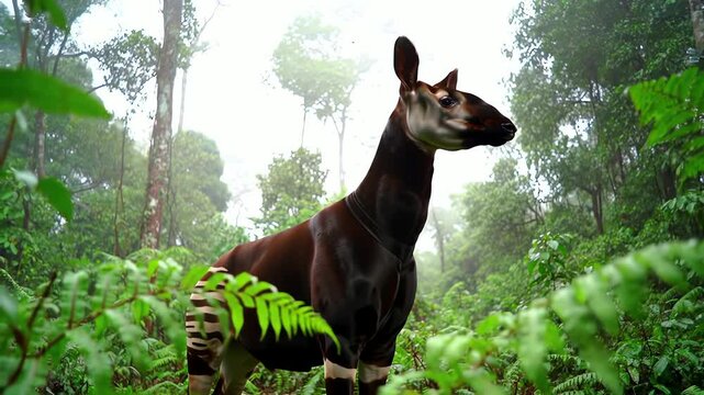 Okapi in a lush verdant rainforest distinguished by its brown body and striped legs amidst dense foliage