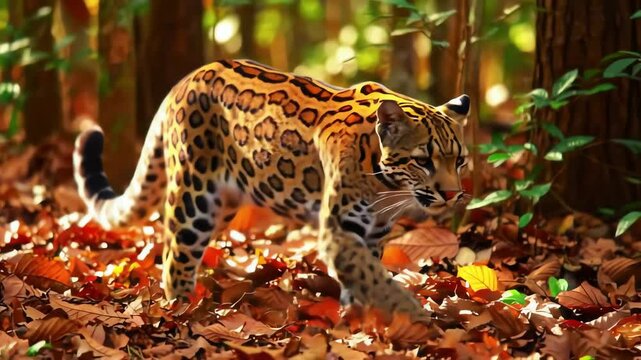 Ocelot stalks through leafstrewn forest floor dappled sunlight