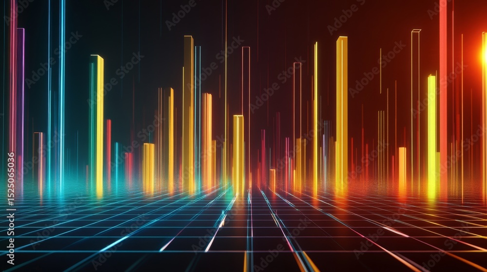 Poster Colorful D bars rising from a digital grid floor, with subtle lighting and a gradient background to create a dynamic visual