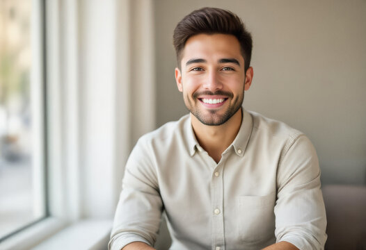 A smiling young man with dark hair and a beard gazes directly at the camera, seated near a window.