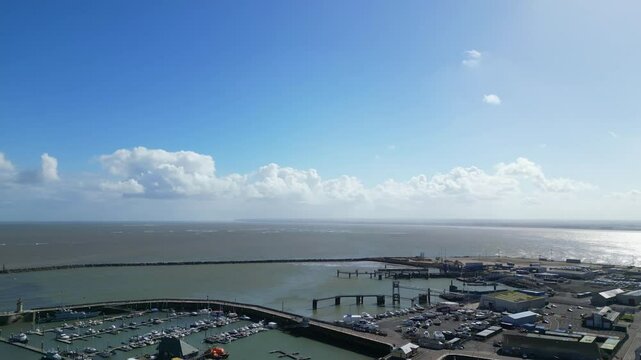Aerial View of British Tourist Attraction at Ramsgate Sea View Beach and Ocean at West Cliffs, England UK