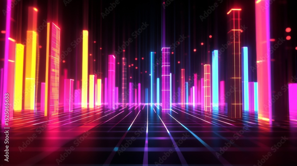 Aufkleber Dark-themed D bar chart with neon-colored bars and a digital grid base, capturing a futuristic data visualization aesthetic