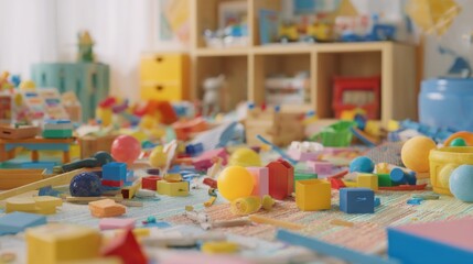 Playroom Chaos: A colorful jumble of toys scattered across the floor
