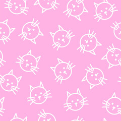 Seamless pattern with cute head cats. Hand drawn fun childish print. Pink and white colors. Vector line illustration