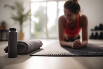 Close-up of yoga mat, towel, and water bottle, blurred woman doing plank exercise in background, suggesting fitness, health, and wellness lifestyle