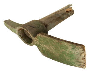 Broken old rusty pickaxe with a broken handle
