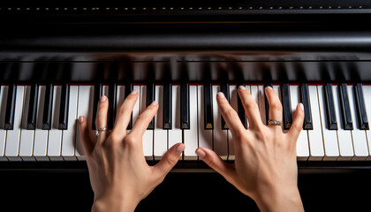 Close-up of musician hands playing piano.