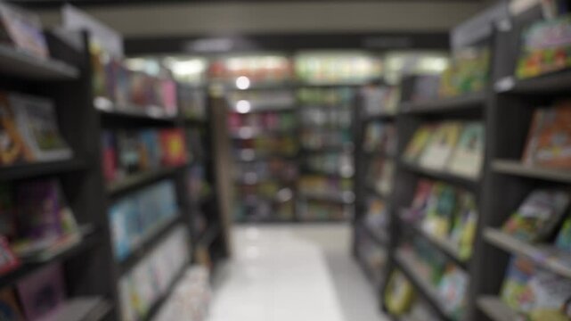 Blur background of shelves filled with colorful books in the aisle of a bookstore or library is usually used as a backdrop.