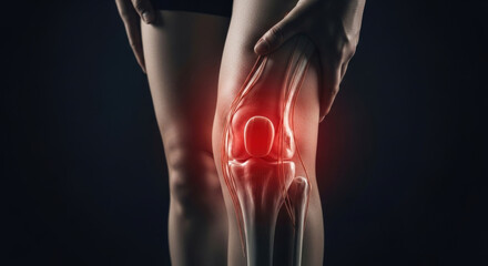 Osteoarthritis concept illustration. Person suffering from knee pain, rheumatoid arthritis, and joint inflammation. Anatomical view of leg bones, tendons on dark background. Medical.