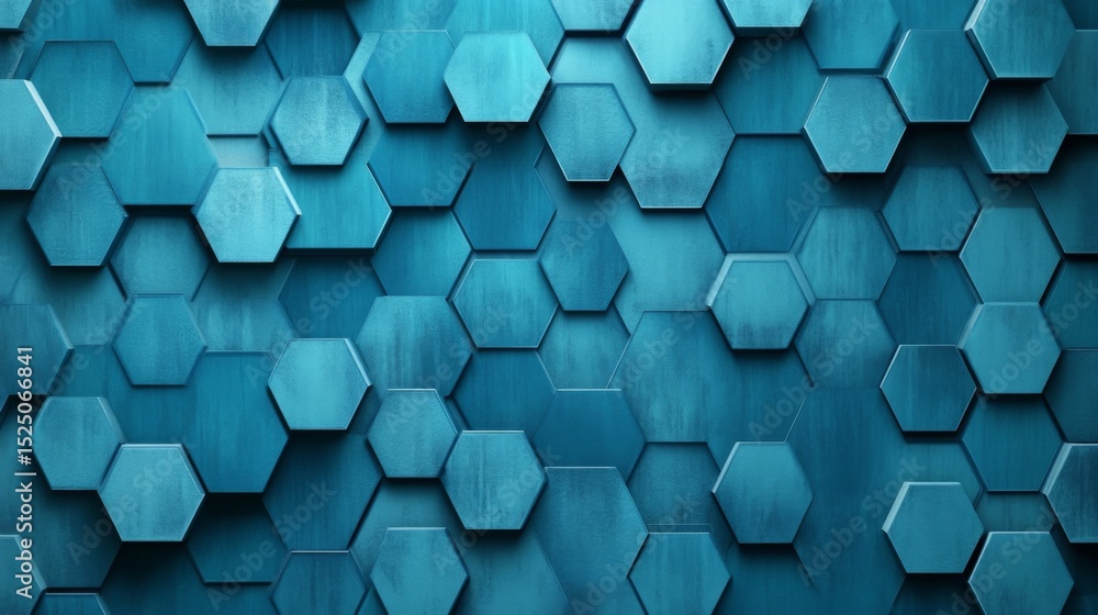 Poster hexagonal geometric patterns in cool blue tones, layered with shadows and textures for a modern, tec