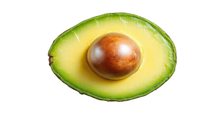 Sliced Avocado: A macro shot reveals the enticing cross-section of a ripe avocado, highlighting its vibrant green skin, creamy yellow flesh, and the prominent brown seed