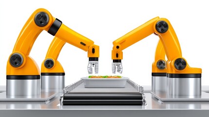 Fototapeta premium Futuristic Robotic Arms on a Packaging Line Assembling Colorful Food Items