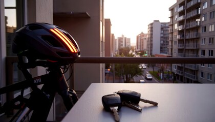 Bicycle helmet and car keys on balcony at sunset in urban setting  