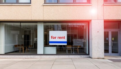Commercial space for rent displayed in window of modern building  