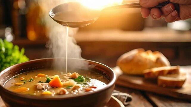 Steaming hot soup being ladled into a bowl, rustic table with bread and greens create a cozy, inviting dining scene.