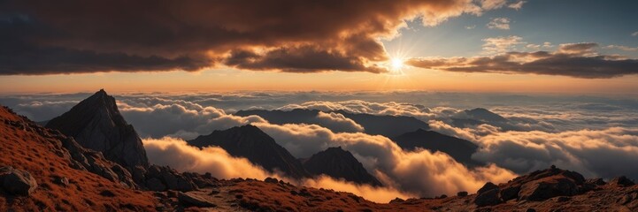 Fototapeta premium Majestic Sunset over Mountain Peaks and Cloudscape A Breathtaking Panorama