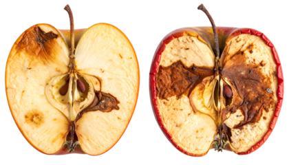 closeup of two spoiled apple halves showing signs of browning and internal rot with wrinkled skin on isolated background
