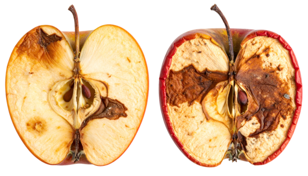 closeup of two spoiled apple halves showing signs of browning and internal rot with wrinkled skin on isolated background

