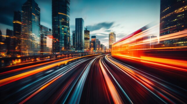 Long exposure of a futuristic train moving quickly on rails, with glowing streaks of light and motion blur in a modern city