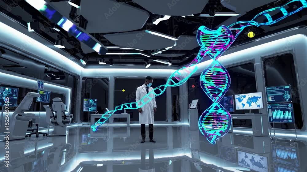 Aufkleber scientist explores advanced dna models in a futuristic laboratory setting with cutting-edge technolo