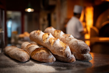 Close-up of freshly baked baguettes, dusted with flour, showcasing rustic bakery ambiance.  Represents artisan breadmaking, quality, and delicious food