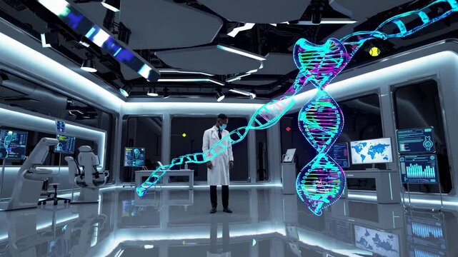 Scientist explores advanced DNA models in a futuristic laboratory setting with cutting-edge technology