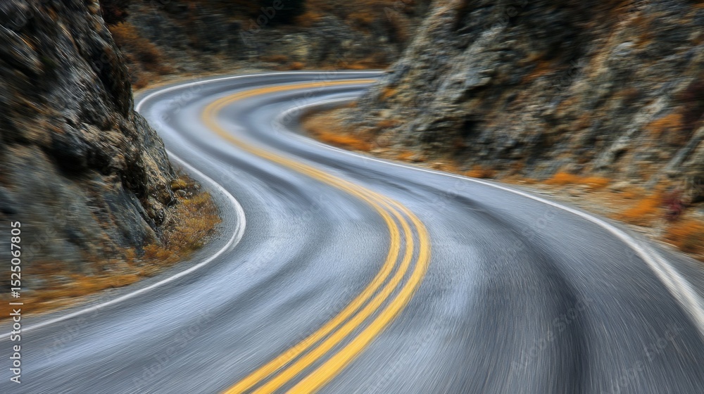 Poster motion blur effect on a curving mountain road with sharp turns, creating the feeling of speed and th