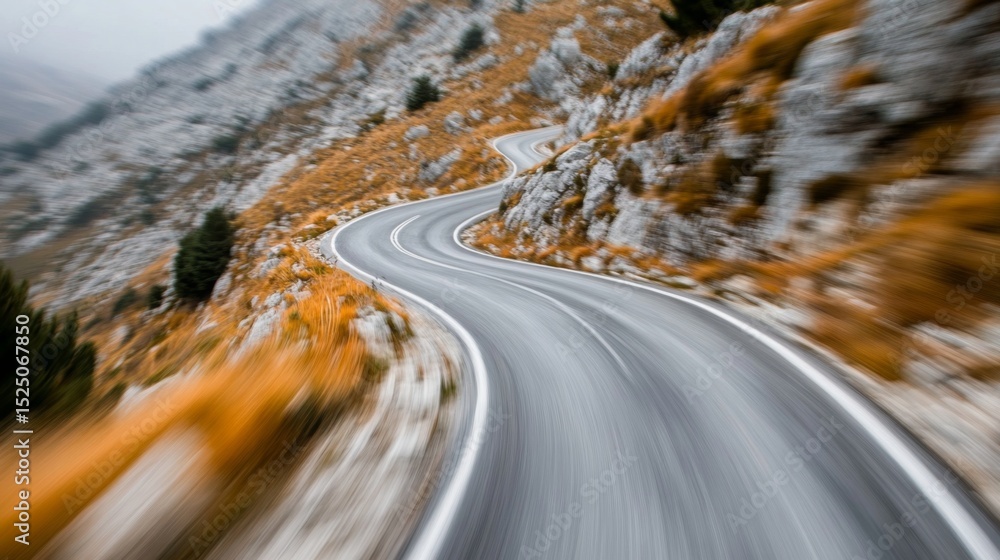 Poster motion blur effect on a curving mountain road with sharp turns, creating the feeling of speed and th