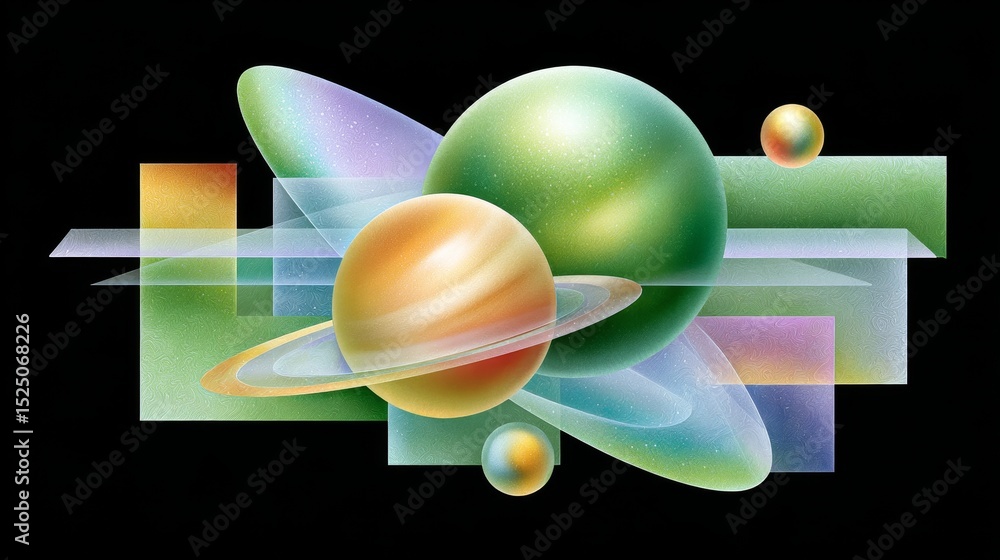 Poster exploring futuristic illustrations of planets and colors in a cosmic environment abstract art concep