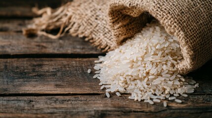 Rustic table with spilling sack of brown rice and white rice grains, capturing a sense of abundance and organic simplicity