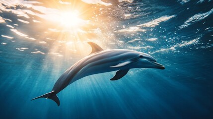 Single dolphin diving underwater, surrounded by sun rays filtering through, with bubbles and a peaceful marine ambiance