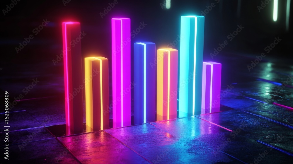 Poster Modern D bar chart with neon-colored bars and gradient lighting, set against a dark background for a futuristic look