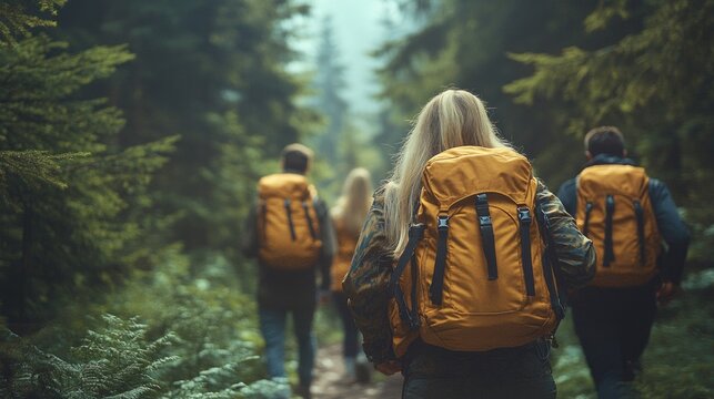 Hikers in a misty forest
