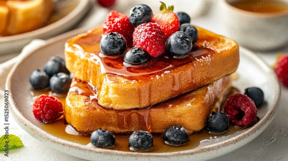 Poster Stack of buttery French toast drizzled with syrup and topped with fresh berries, creating a delicious, inviting breakfast scene