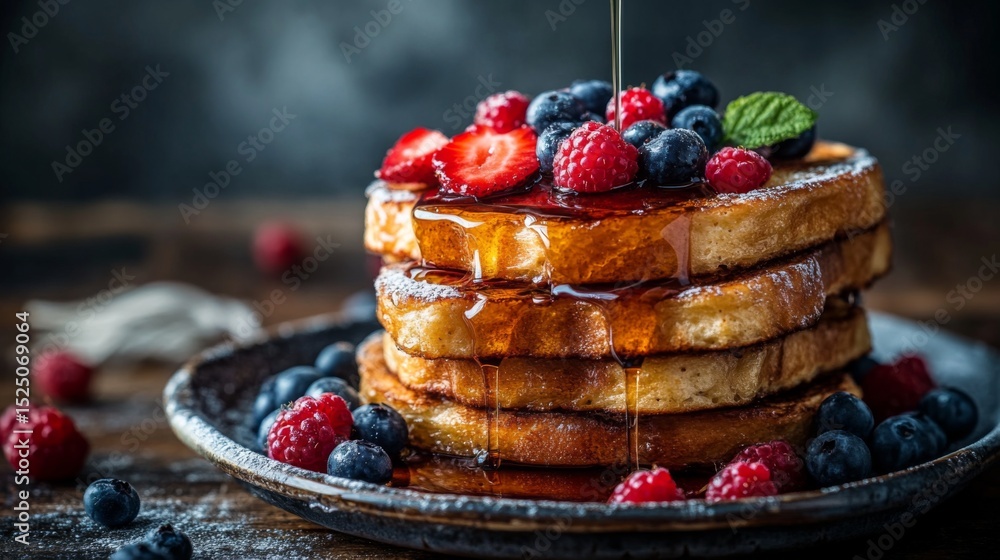 Poster Stack of buttery French toast drizzled with syrup and topped with fresh berries, creating a delicious, inviting breakfast scene