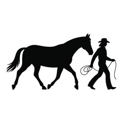 Silhouette of Cowgirl Leading a Horse