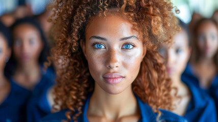 Fototapeta premium Young woman with curly hair stands confidently in a group of diverse individuals in background