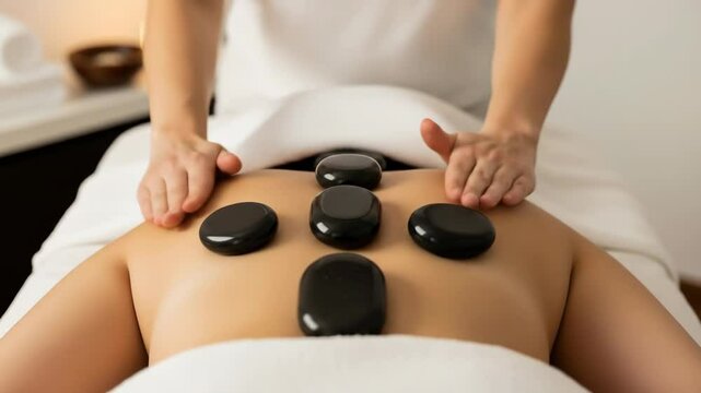 A close-up shot shows a professional hot stone massage being applied to a person's back in a serene spa environment. This calming therapeutic concept promotes relaxation and wellness through.